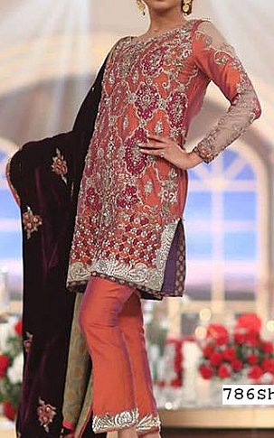  Rust Silk Suit | Pakistani Party Wear Dresses- Image 1