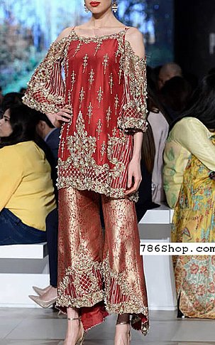  Red Silk Suit | Pakistani Party Wear Dresses- Image 1