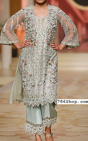  Light Sea Green Chiffon Suit | Pakistani Party Wear Dresses- Image 1