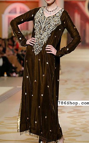  Dark Brown Silk Suit | Pakistani Party Wear Dresses- Image 1