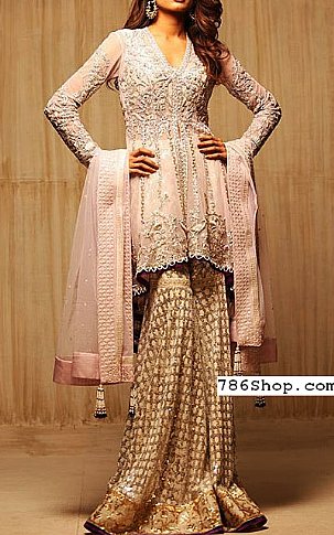 Pink/Golden Chiffon Suit. | Pakistani Party Wear Dresses USA- Image 1
