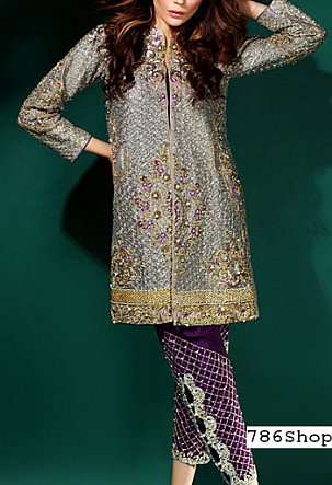  Grey/Indigo Silk Suit | Pakistani Party Wear Dresses USA- Image 1