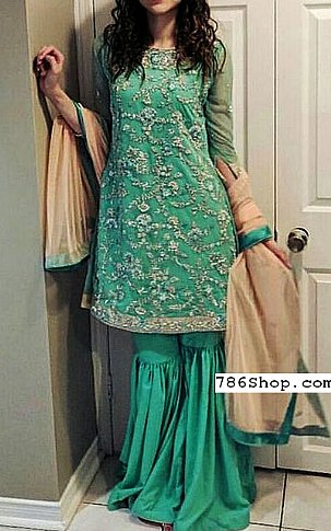  Sea Green Chiffon Suit | Pakistani Party Wear Dresses- Image 1