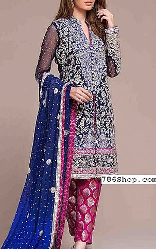  Blue/Magenta Chiffon Suit | Pakistani Party Wear Dresses- Image 1