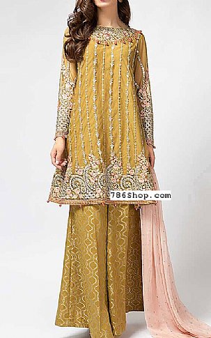  Mehndi Green Chiffon Suit | Pakistani Party Wear Dresses- Image 1