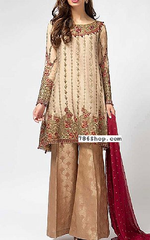  Ivory/Fawn Chiffon Suit | Pakistani Party Wear Dresses- Image 1