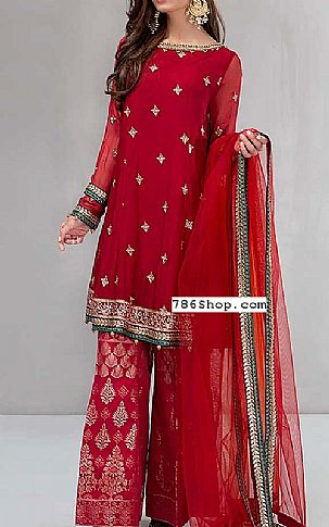  Red Chiffon Suit | Pakistani Party Wear Dresses- Image 1