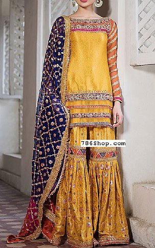  Yellow Jamawar Suit | Pakistani Party Wear Dresses- Image 1