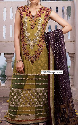  Olive Chiffon Jamawar Suit | Pakistani Party Wear Dresses- Image 1