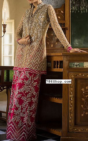  Beige/Hot Pink Chiffon Suit | Pakistani Party Wear Dresses- Image 1