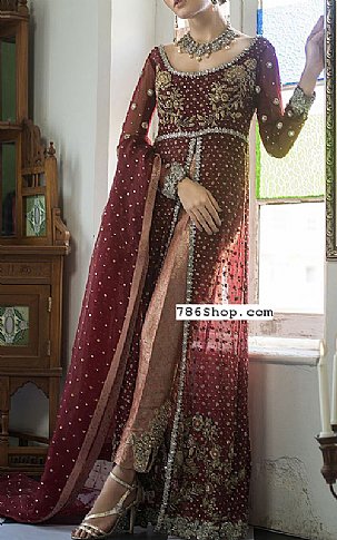  Maroon Chiffon Suit | Pakistani Party Wear Dresses- Image 1