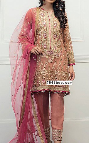  Peach Chiffon Suit | Pakistani Party Wear Dresses- Image 1