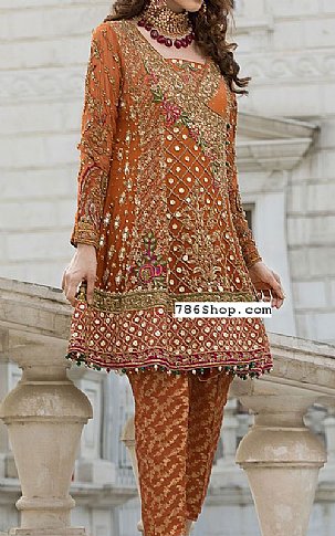  Rust Chiffon Suit | Pakistani Party Wear Dresses- Image 1