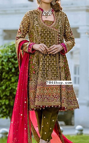  Olive Green Chiffon Suit | Pakistani Party Wear Dresses- Image 1