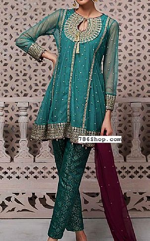  Teal Chiffon Suit | Pakistani Party Wear Dresses- Image 1