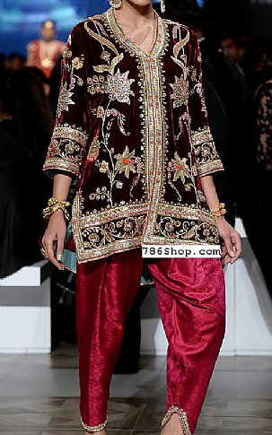  Maroon Velvet Suit | Pakistani Party Wear Dresses- Image 1