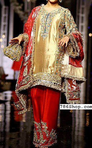  Golden/Red Raw Silk Suit | Pakistani Party Wear Dresses- Image 1