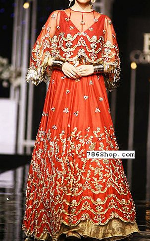  Safety Orange Chiffon Suit | Pakistani Party Wear Dresses USA- Image 1