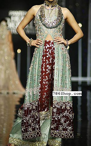  Sea Green/Chocolate Silk Suit | Pakistani Party Wear Dresses- Image 1