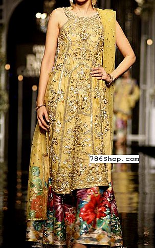  Gold Chiffon Suit | Pakistani Party Wear Dresses- Image 1