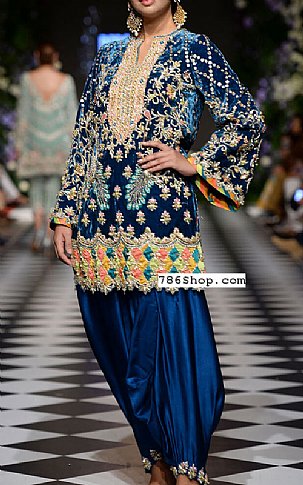  Navy Blue Velvet Suit | Pakistani Party Wear Dresses- Image 1