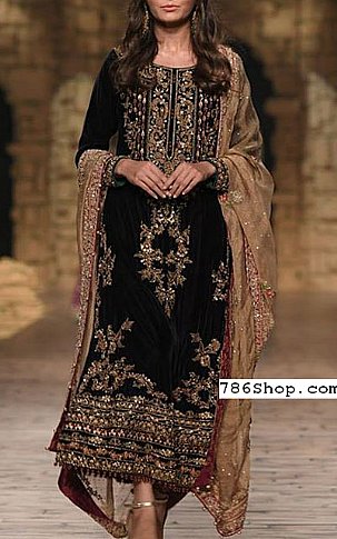  Black Velvet Suit | Pakistani Party Wear Dresses- Image 1