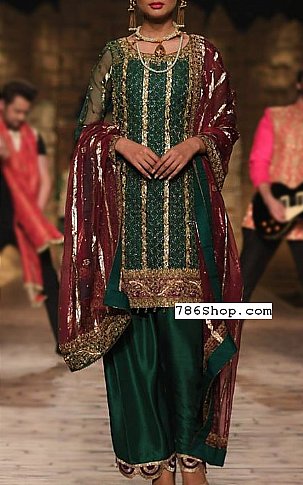  Bottle Green Chiffon Suit | Pakistani Party Wear Dresses- Image 1