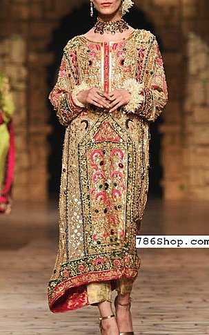  Golden Chiffon Suit | Pakistani Party Wear Dresses- Image 1