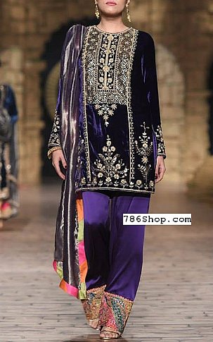  Navy Blue Velvet Suit | Pakistani Party Wear Dresses- Image 1