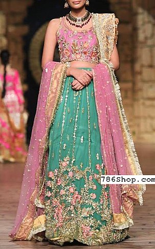  Pink/Sea Green Chiffon Suit | Pakistani Party Wear Dresses- Image 1