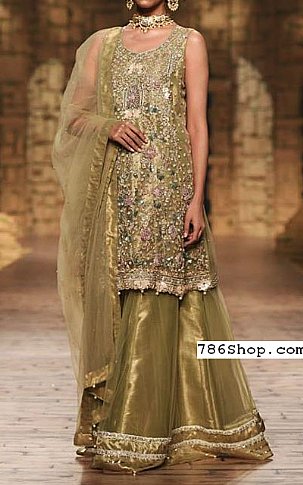  Olive Green Organza  Suit | Pakistani Party Wear Dresses USA- Image 1