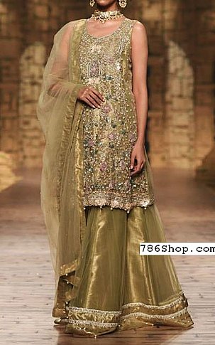  Olive Green Organza  Suit | Pakistani Party Wear Dresses- Image 1