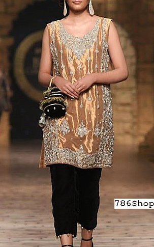  Fawn/Silver Tissue Suit | Pakistani Party Wear Dresses- Image 1