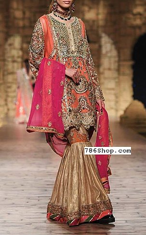  Coral/Golden Chiffon Suit | Pakistani Party Wear Dresses- Image 1