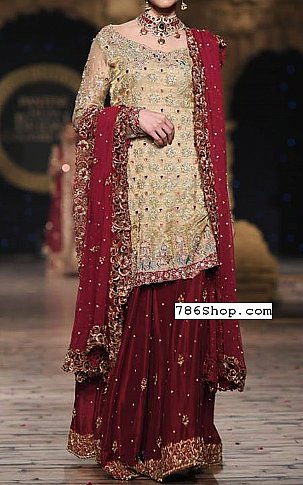  Light Golden/Maroon Chiffon Suit | Pakistani Wedding Dresses- Image 1