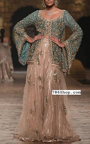  Turquoise/Tan Chiffon Suit | Pakistani Party Wear Dresses- Image 1