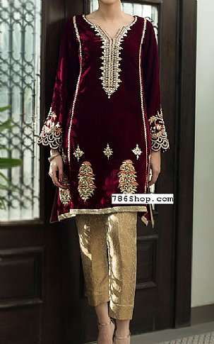  Maroon Velvet Suit | Pakistani Party Wear Dresses- Image 1