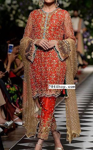  Orange Chiffon Suit | Pakistani Party Wear Dresses- Image 1