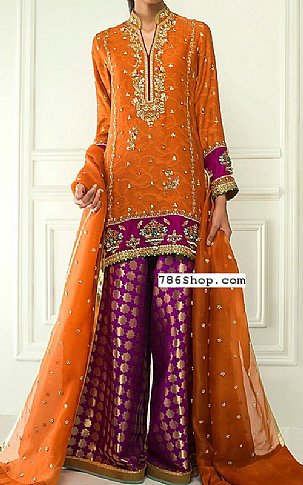  Rust/Purple Chiffon Suit | Pakistani Party Wear Dresses USA- Image 1