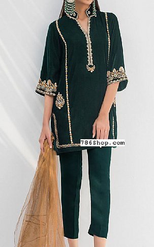  Bottle Green Velvet Suit | Pakistani Party Wear Dresses- Image 1