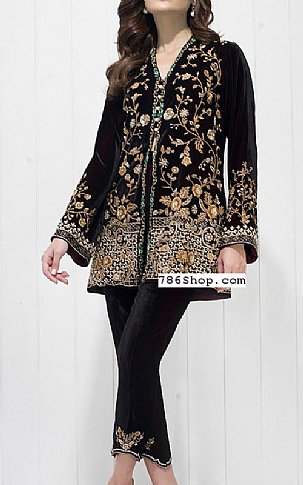  Black Velvet Suit | Pakistani Party Wear Dresses- Image 1