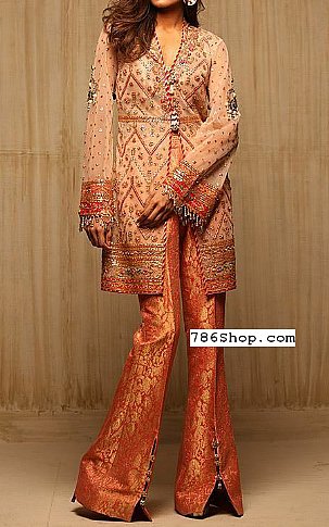  Peach/Orange Chiffon Suit | Pakistani Party Wear Dresses USA- Image 1