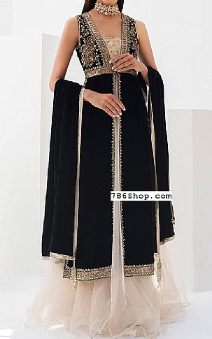  Black Velvet Suit | Pakistani Party Wear Dresses- Image 1