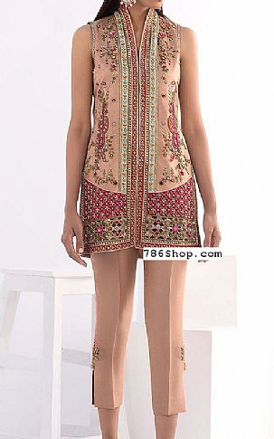  Peach Raw Silk Suit | Pakistani Party Wear Dresses- Image 1