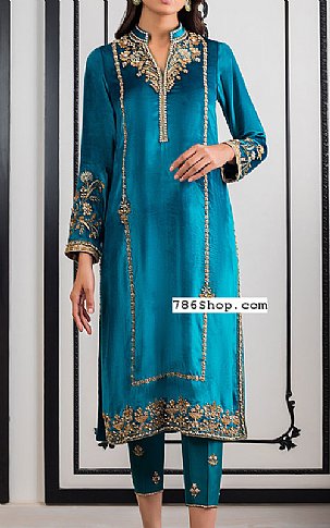  Teal Blue Silk Suit | Pakistani Party Wear Dresses- Image 1