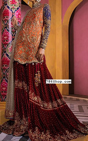  Orange/Maroon Silk Suit | Pakistani Wedding Dresses- Image 1