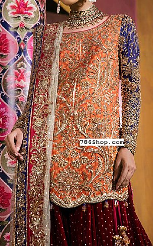  Orange/Maroon Silk Suit | Pakistani Wedding Dresses- Image 2