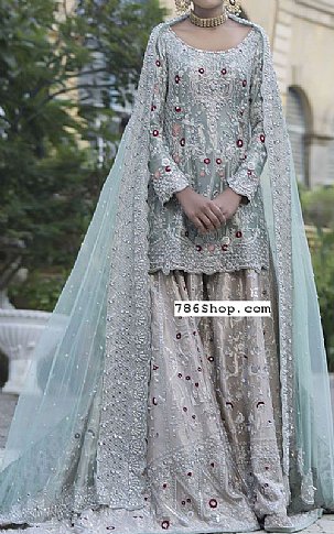  Sea Green/Beige Silk Suit | Pakistani Wedding Dresses- Image 1