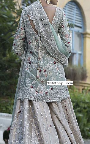  Sea Green/Beige Silk Suit | Pakistani Wedding Dresses- Image 2