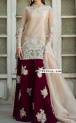  Ivory/Maroon Organza Suit | Pakistani Party Wear Dresses- Image 1